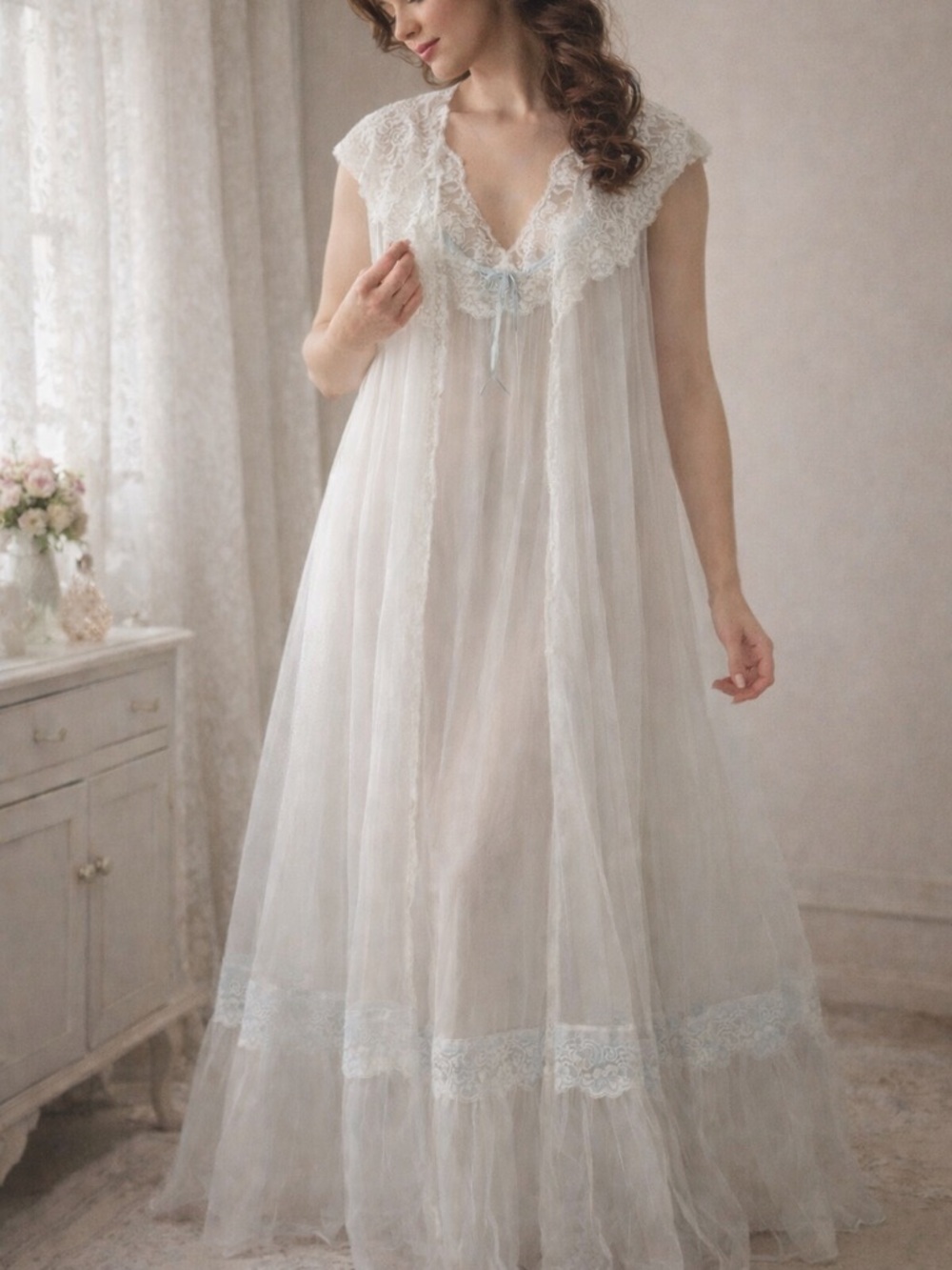 Vintage 50s Shadowline Nightgown Chiffon Lace Lingerie Dress Robe Peignoir Set
